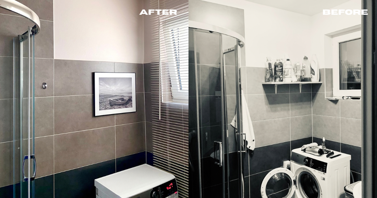 Metamorfoza łazienki. Z pomieszczenia słabo doświetlonego, w którym panuje nieład, architekt wnętrz Anna Buczny zaaranżowała łazienkę jasną, w nowej, beżowo-szarej kolorystyce. Efektem konsultacji wnętrzarskich jest pomieszczenie uporządkowane, w ciepłej kolorystyce.