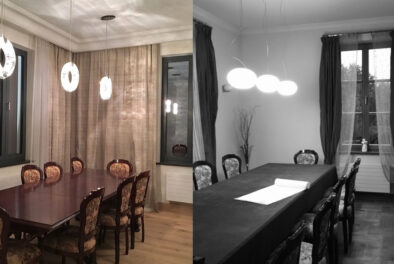Widok po lewej stronie obrazka pokazuje jadalnię po remoncie wykonanym według projektu pracowni Anna Buczny Piękne Wnętrza ze Szczecina. Zdjęcie z prawej strony obrazka pokazuje pomieszczenie przed remontem. Jadalnia przed remontem była słabo doświetlona, a draperie okienne znajdowały się tylko w sąsiedztwie okien. Po remoncie pomieszczenie jest jaśniejsze, z nową dębową podłogą. Odświeżone zostały ciemne, ciężkie meble, a krzesła zyskały nową tapicerkę. Firany i zasłony wiszą na całej wysokości pomieszczenia, wzdłuż ścian z oknami. Nowe lampy z kolekcji firmy Schonbek dają dużo jasnego światła. Wnętrze po remoncie utrzymane jest w klasycznym stylu.