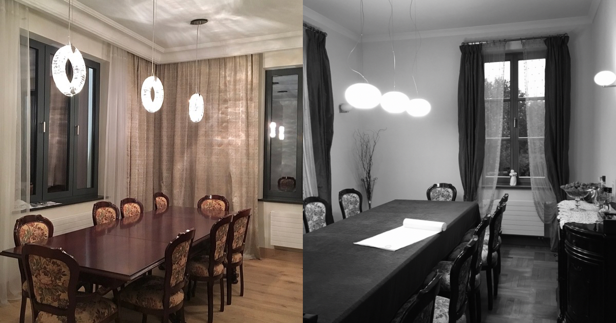 Widok po lewej stronie obrazka pokazuje jadalnię po remoncie wykonanym według projektu pracowni Anna Buczny Piękne Wnętrza ze Szczecina. Zdjęcie z prawej strony obrazka pokazuje pomieszczenie przed remontem. Jadalnia przed remontem była słabo doświetlona, a draperie okienne znajdowały się tylko w sąsiedztwie okien. Po remoncie pomieszczenie jest jaśniejsze, z nową dębową podłogą. Odświeżone zostały ciemne, ciężkie meble, a krzesła zyskały nową tapicerkę. Firany i zasłony wiszą na całej wysokości pomieszczenia, wzdłuż ścian z oknami. Nowe lampy z kolekcji firmy Schonbek dają dużo jasnego światła. Wnętrze po remoncie utrzymane jest w klasycznym stylu.