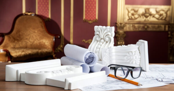 Biurko architekta wnętrz z rysunkami technicznymi, modelami detali i okularami w klasycznym wnętrzu – projektowanie i aranżacja wnętrz premium pod klucz.