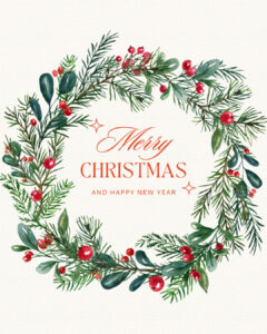 Życzenia świąteczne i noworoczne w języku angielskim w centralnej części świątecznego wieńca w kolorze zielonym z czerwonymi akcentami. Czerwone litery odcinają się od tlą w kolorze ecru. Kartkę z życzeniami zaprojektowała architekt wnętrz Anna Buczny ze SZczecina. Projektantka umieściła kartkę na swoim blogu, na którym umieściła artykuł z życzeniami świątecznymi.