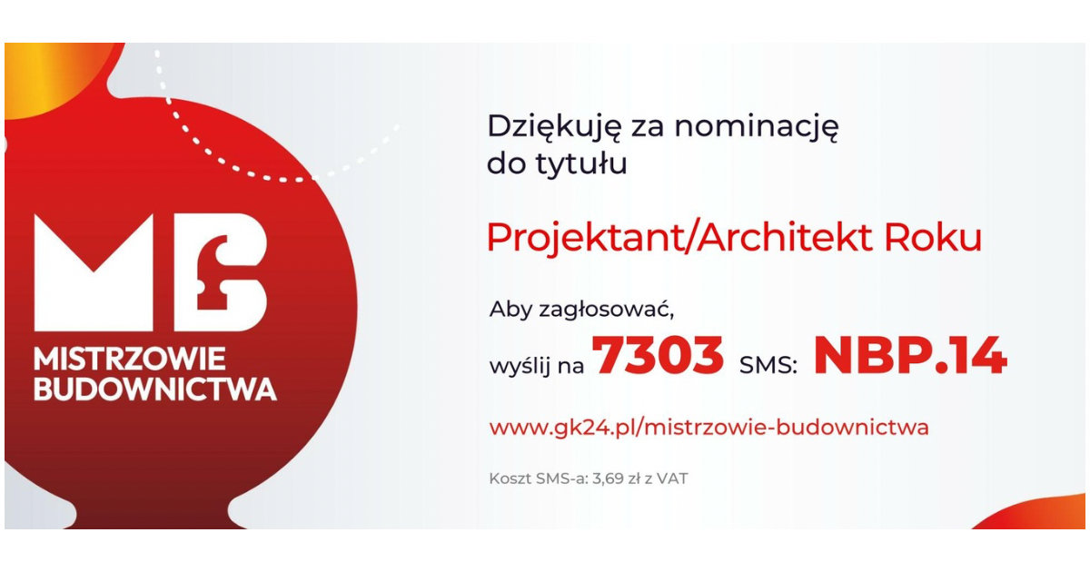 Nominacja Klientów do Tytułu Projektant/Architekt Roku architekt wnętrz Anny Buczny. Każdy może zagłowsować na projektantkę Annę Buczny i jej pracownię Anna Buczny Piękne Wnętrza wysyłając esemes pod numer 7303 o treści NBP.14. Wyniki plebiscytu ogłoszone będą w kwietniu 2026.