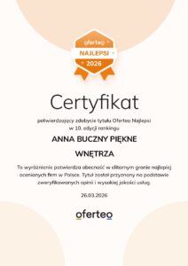 Certyfikat Oferteo potwierdzający zdobycie tytułu Oferteo Najlepsi w 10. edycji rankingu dla firmy ANNA BUCZNY PIĘKNE WNĘTRZA, z datą 26.03.2026.