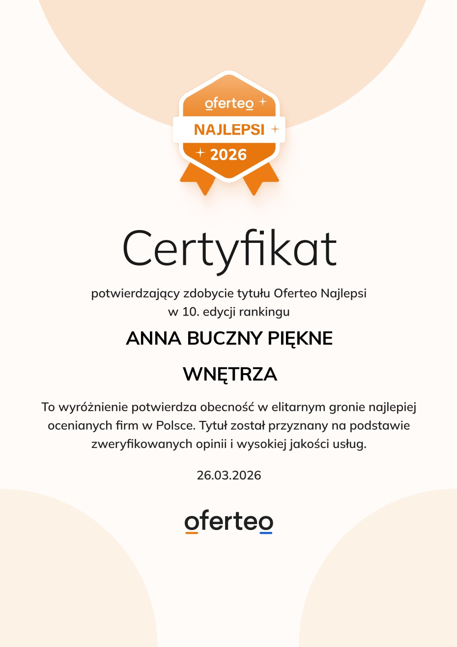 Certyfikat Oferteo potwierdzający zdobycie tytułu Oferteo Najlepsi w 10. edycji rankingu dla firmy ANNA BUCZNY PIĘKNE WNĘTRZA, z datą 26.03.2026.